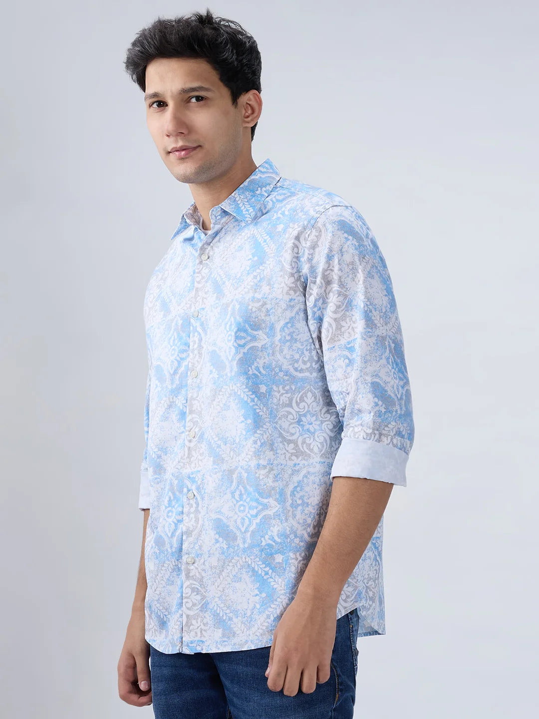 Men Shirt Print Blue Regular Fit