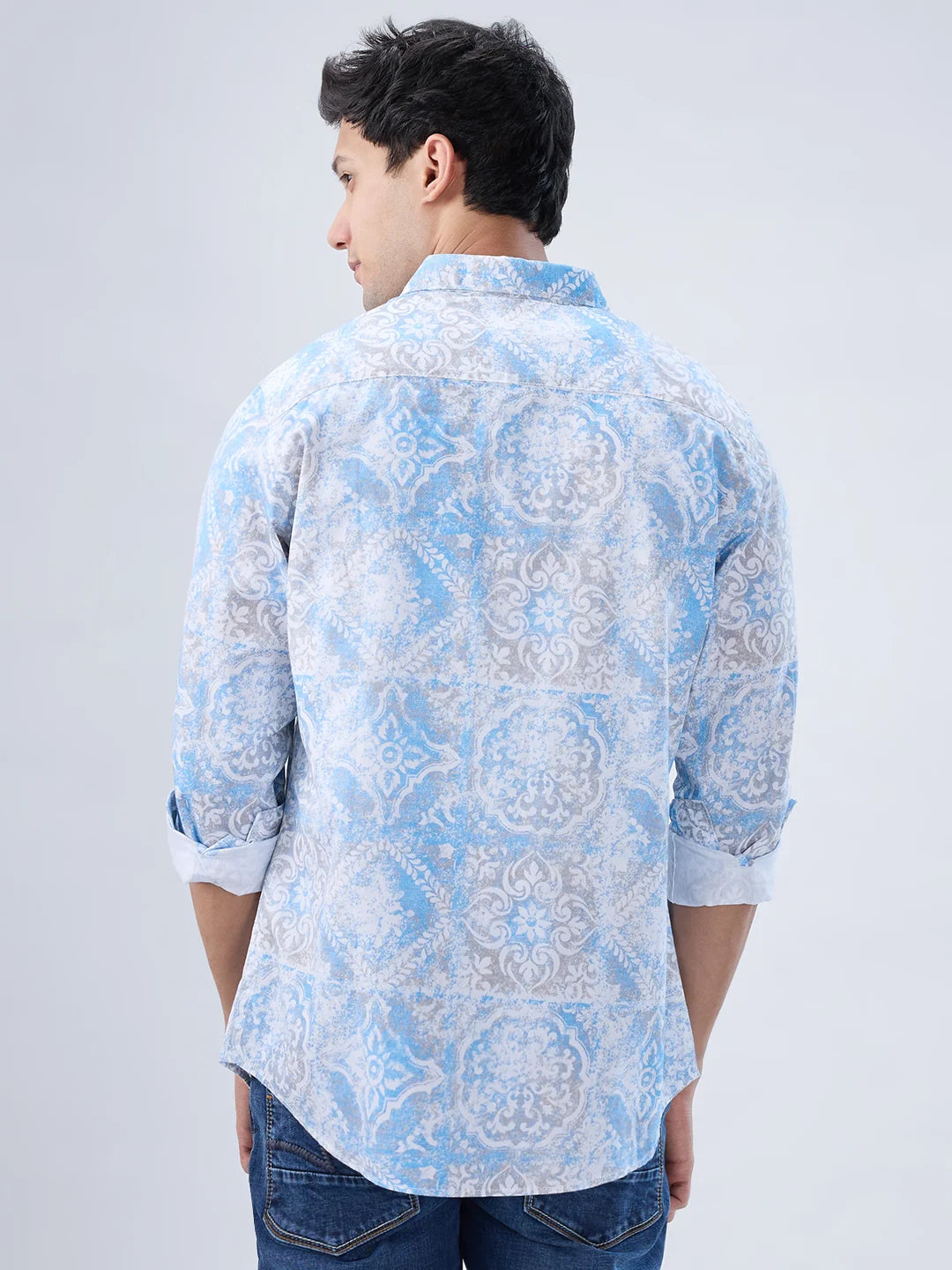 Men Shirt Print Blue Regular Fit