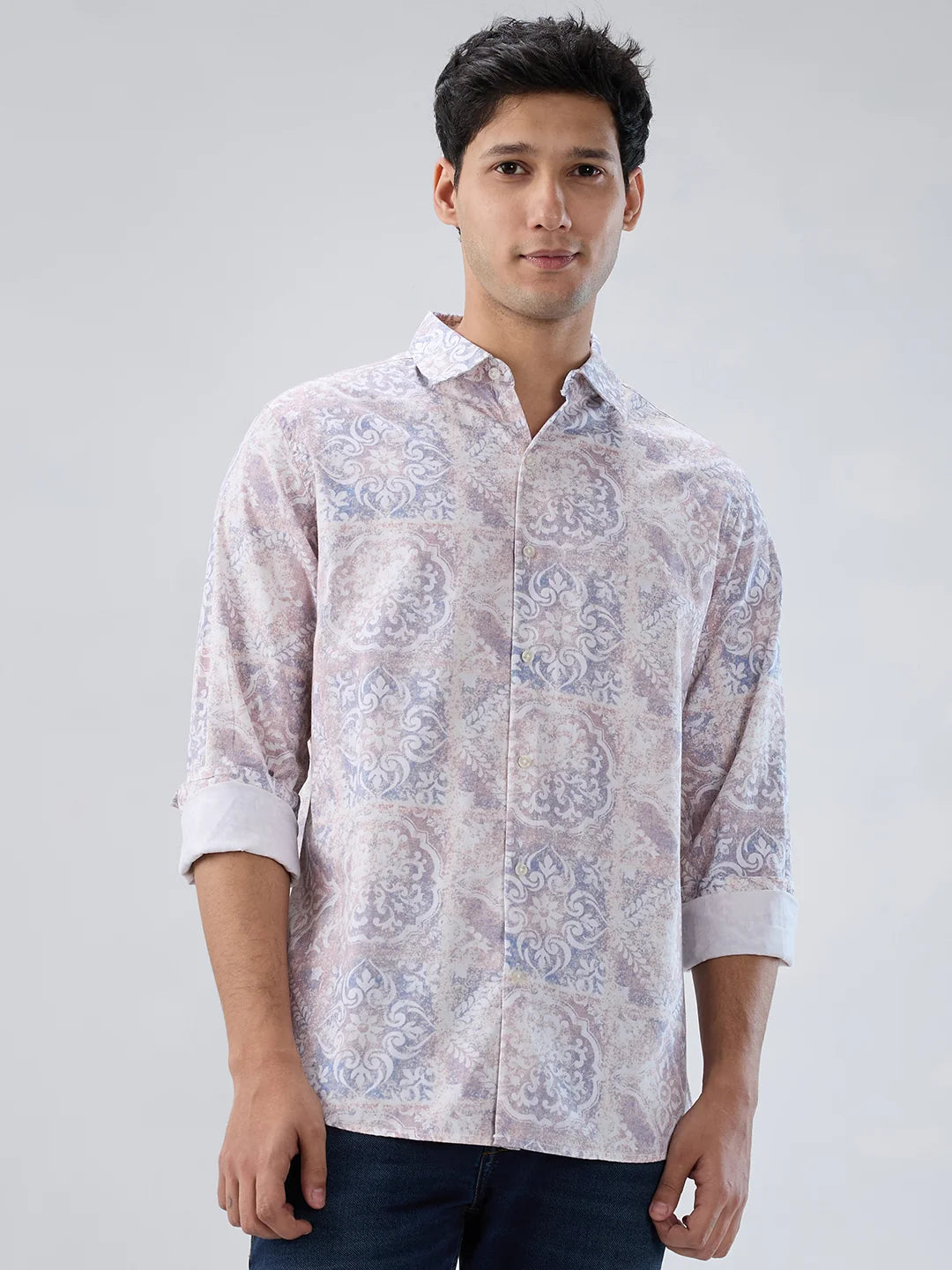 Men Shirt Print Pink Regular Fit