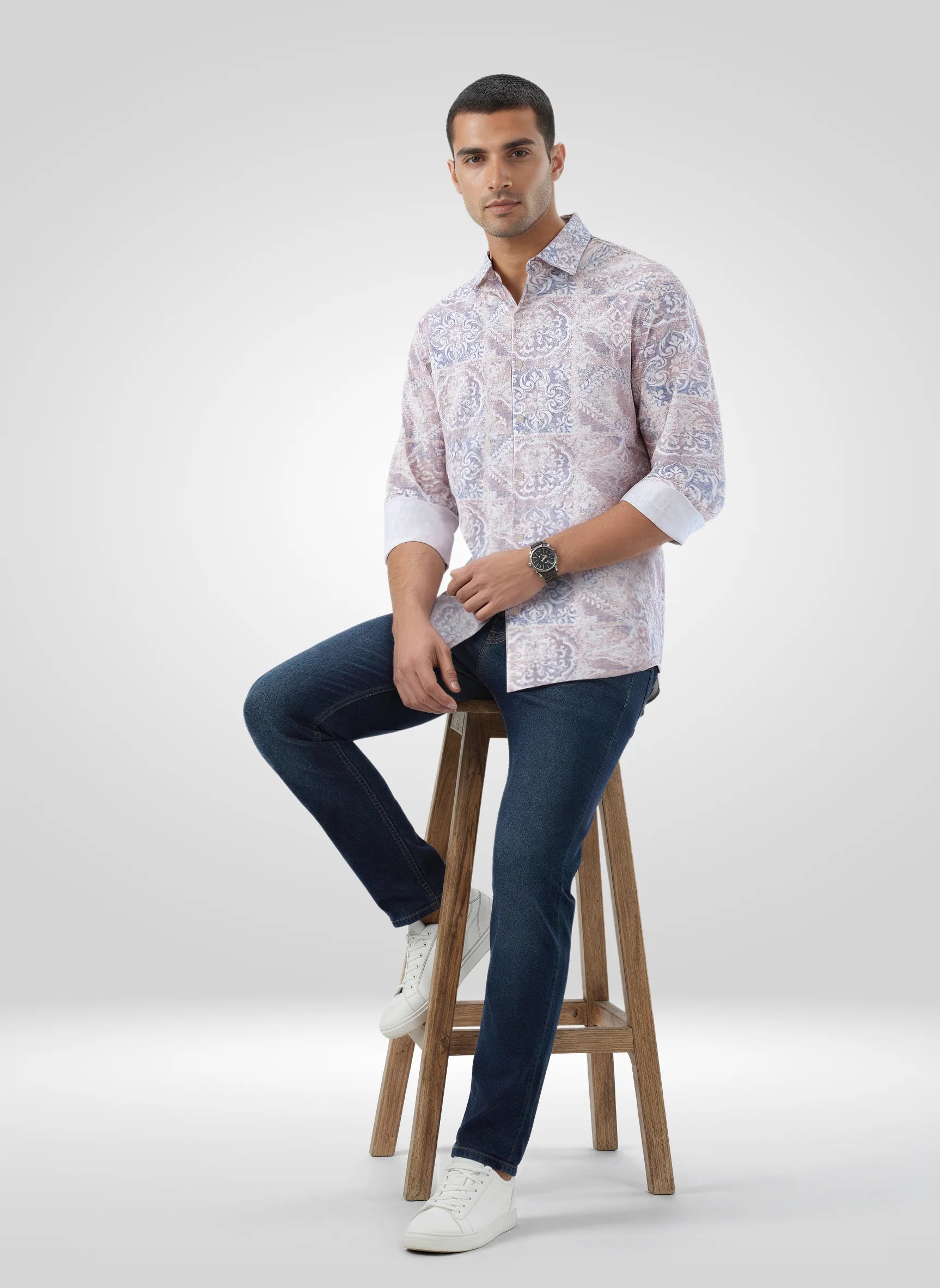 Men Shirt Print Pink Regular Fit