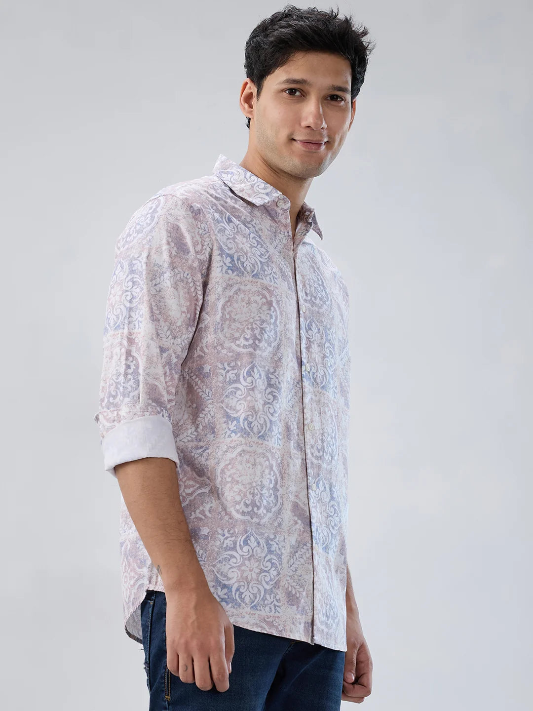 Men Shirt Print Pink Regular Fit