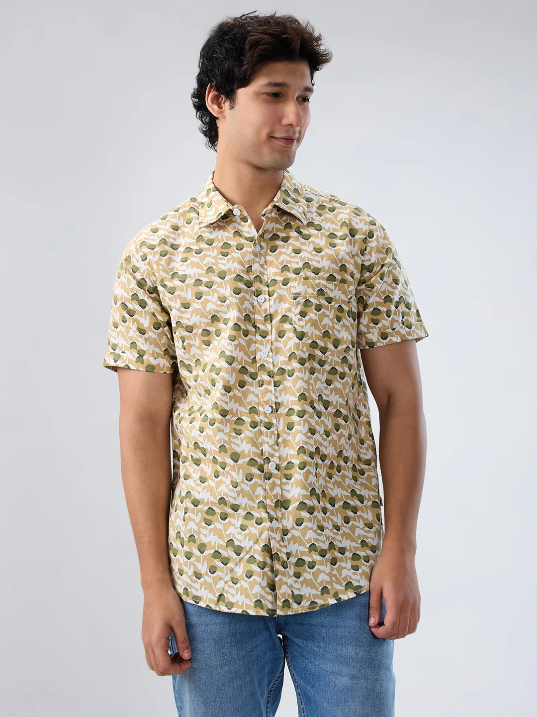 Men Shirt Print Beige Regular Fit