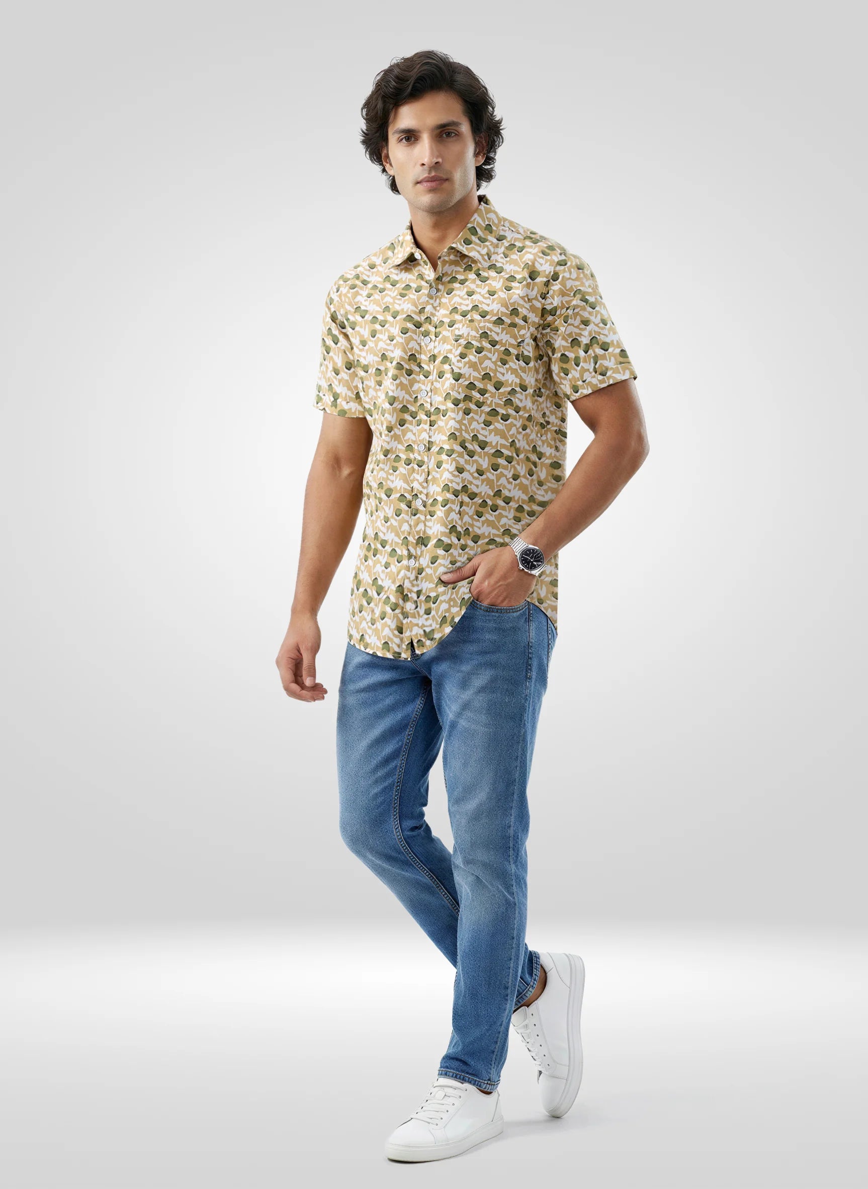 Men Shirt Print Beige Regular Fit