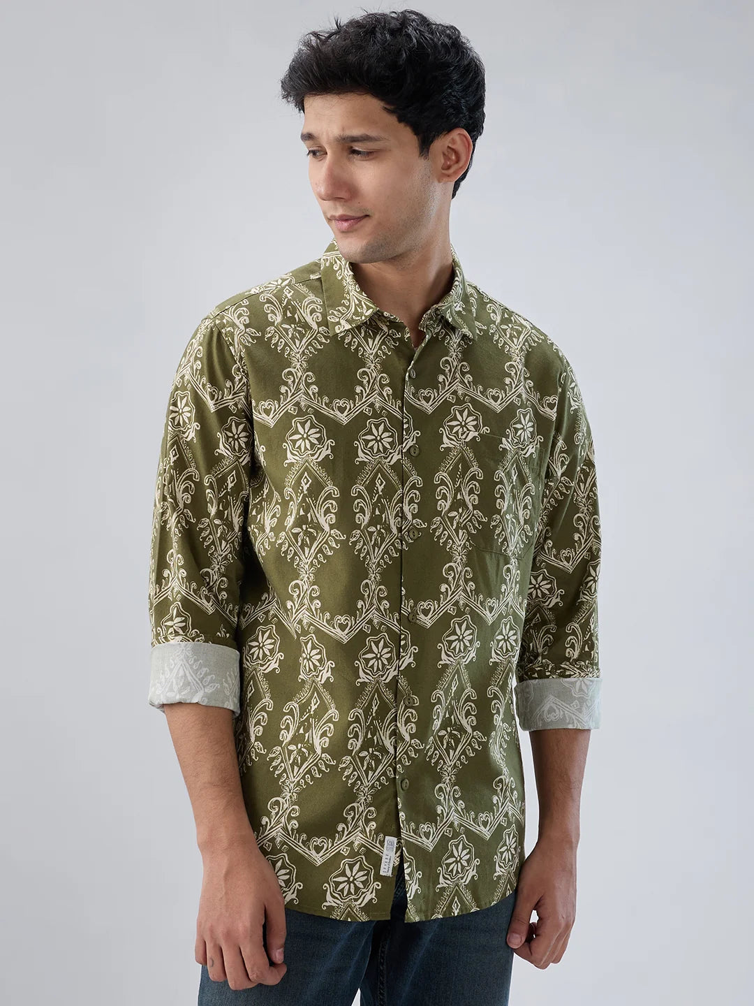 Men Shirt Print Green Regular Fit