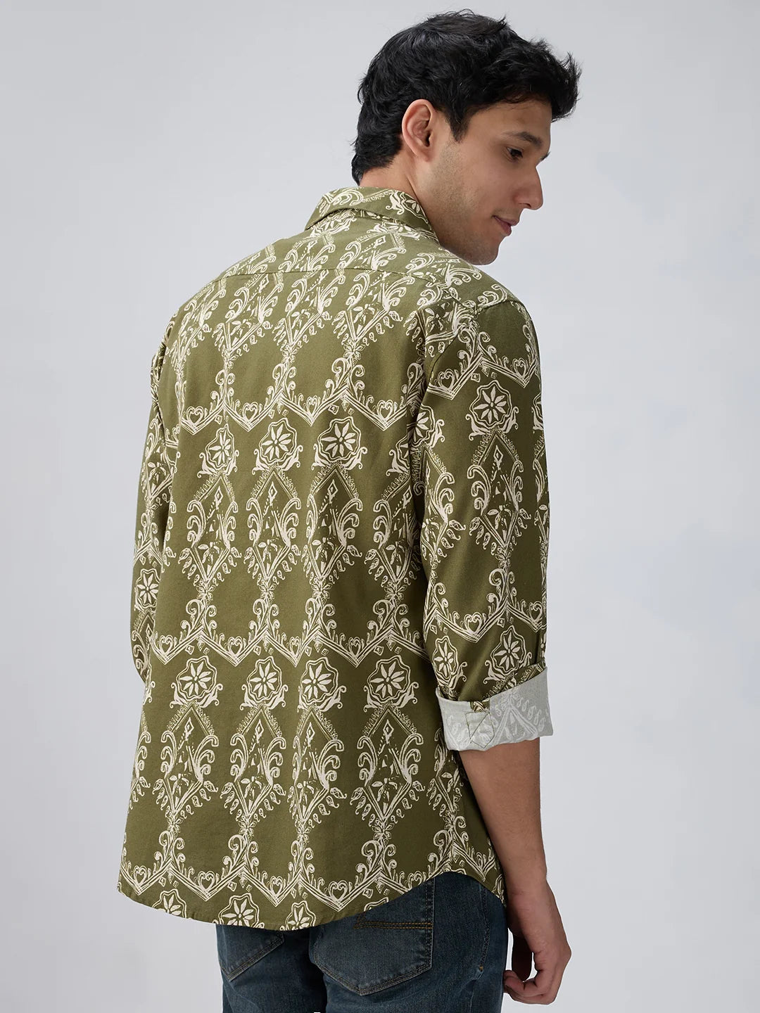 Men Shirt Print Green Regular Fit
