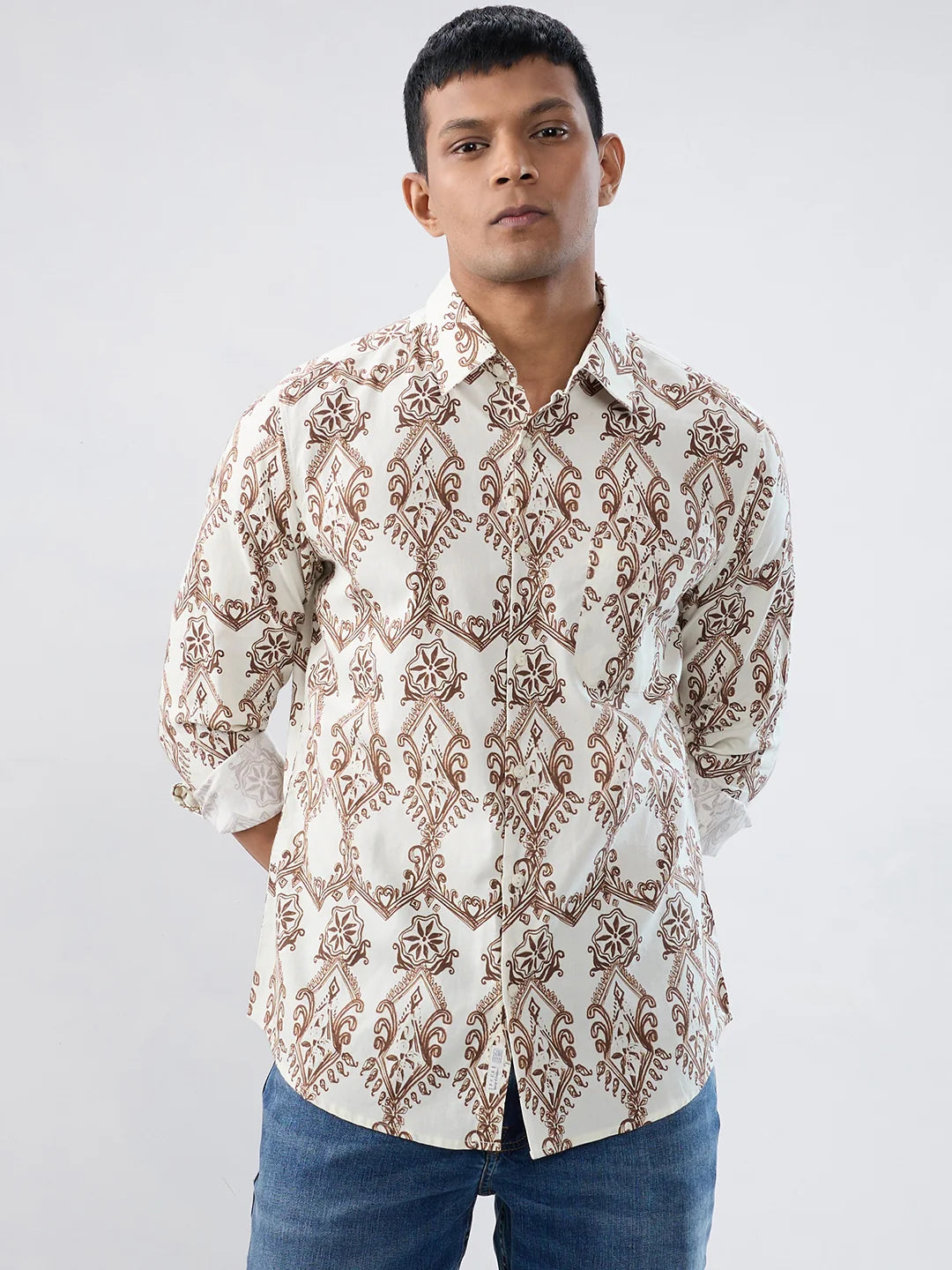 Men Shirt Print Off White Regular Fit