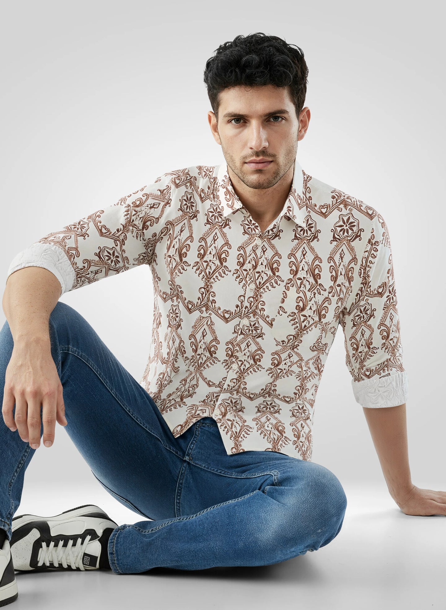 Men Shirt Print Off White Regular Fit