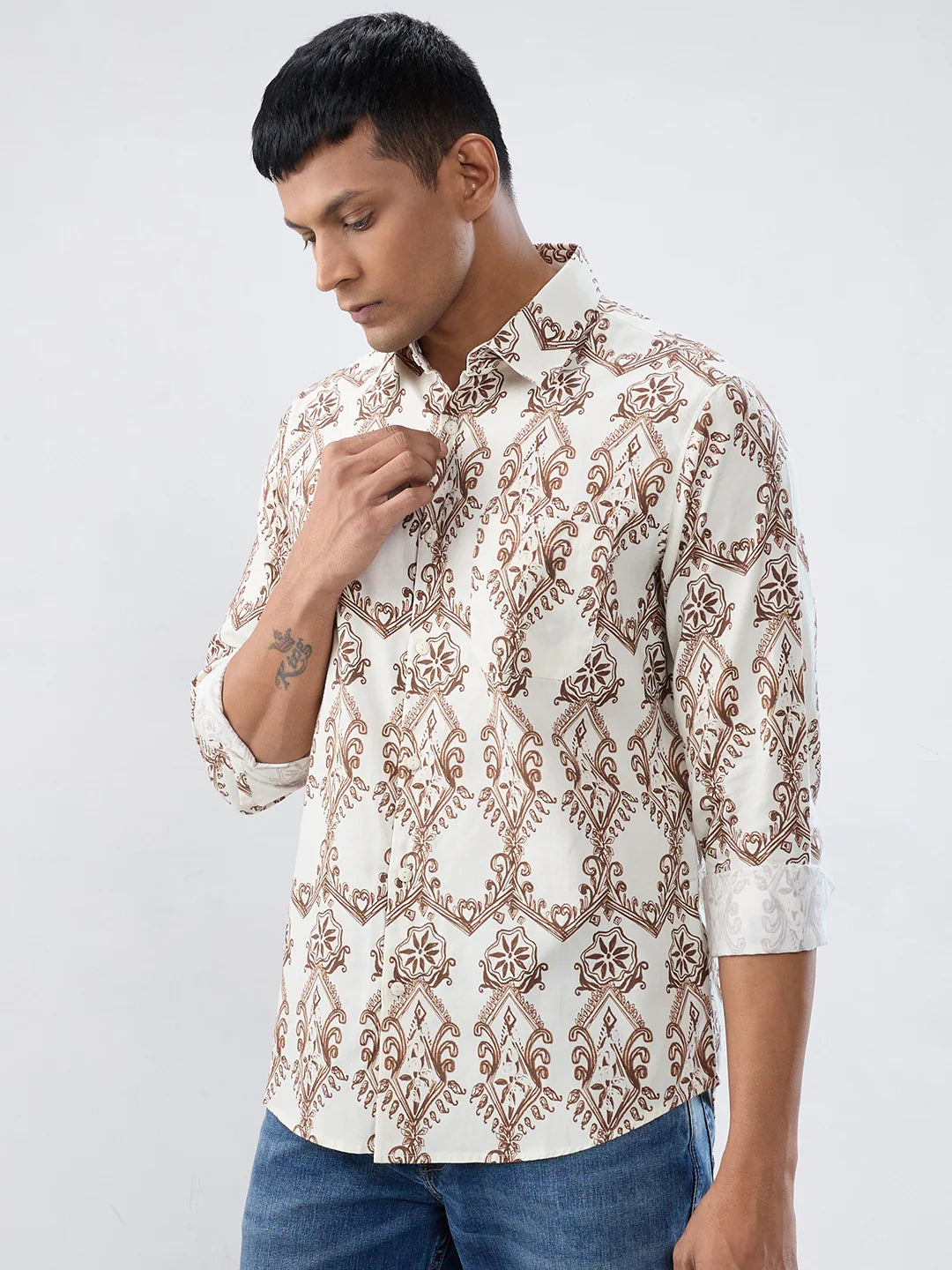Men Shirt Print Off White Regular Fit