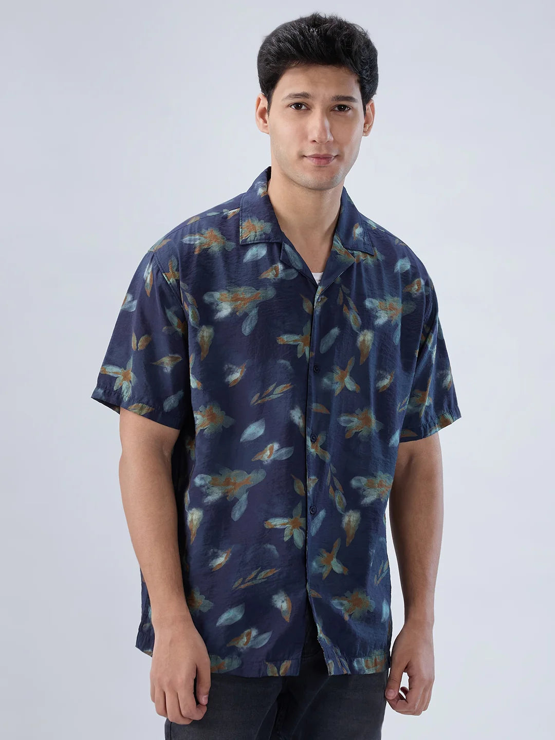Men Shirt Print Navy Blue Relaxed Fit