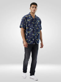 Men Shirt Print Navy Blue Relaxed Fit