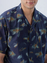 Men Shirt Print Navy Blue Relaxed Fit