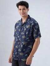 Men Shirt Print Navy Blue Relaxed Fit