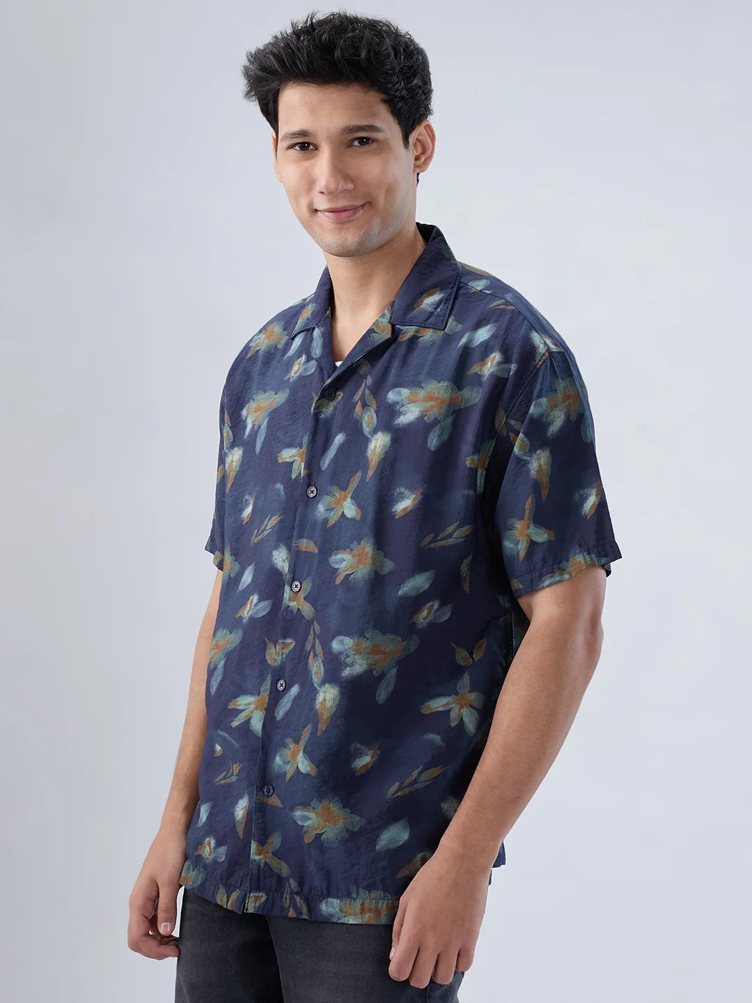 Men Shirt Print Navy Blue Relaxed Fit