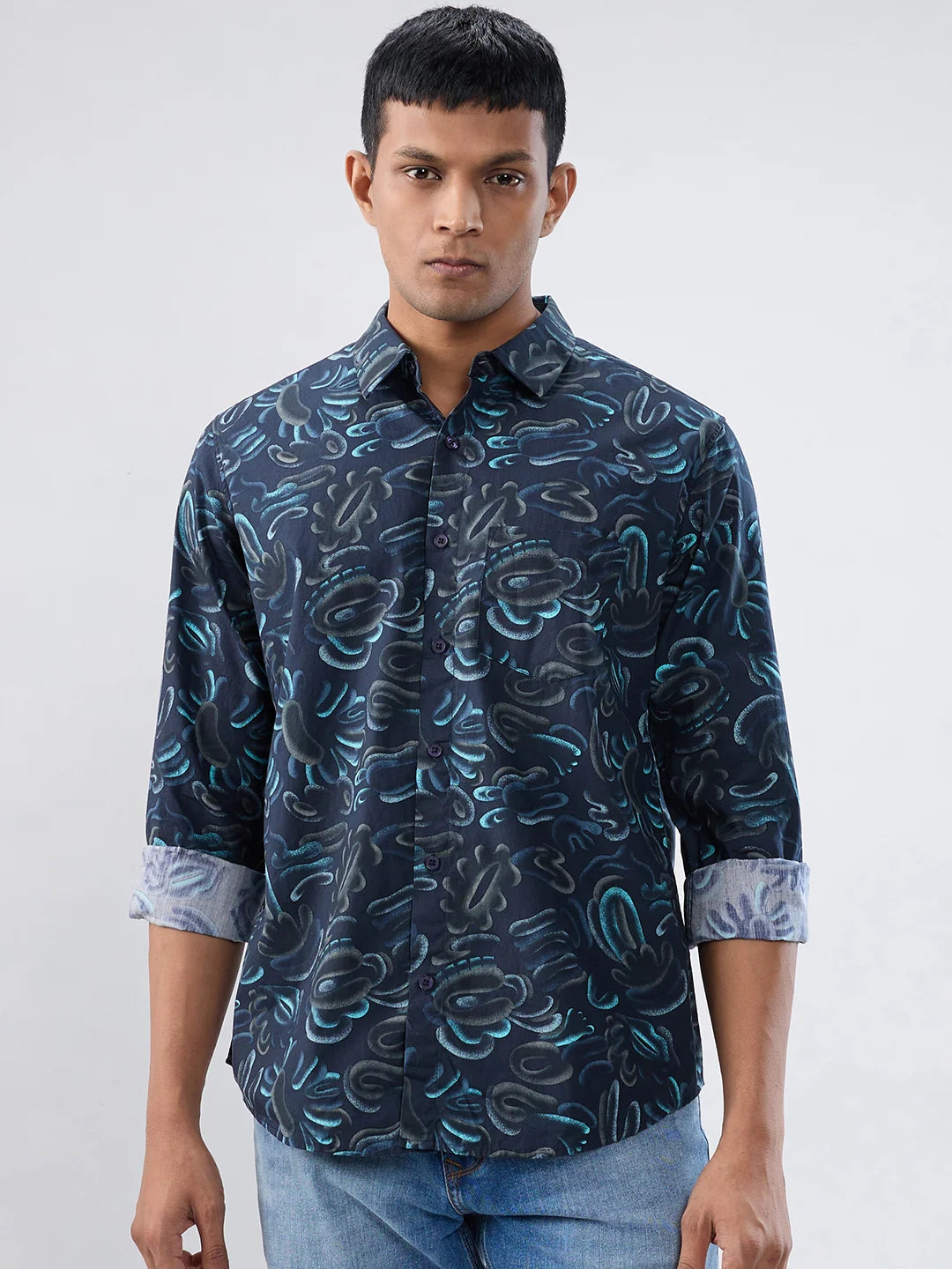 Men Shirt Print Blue Regular Fit