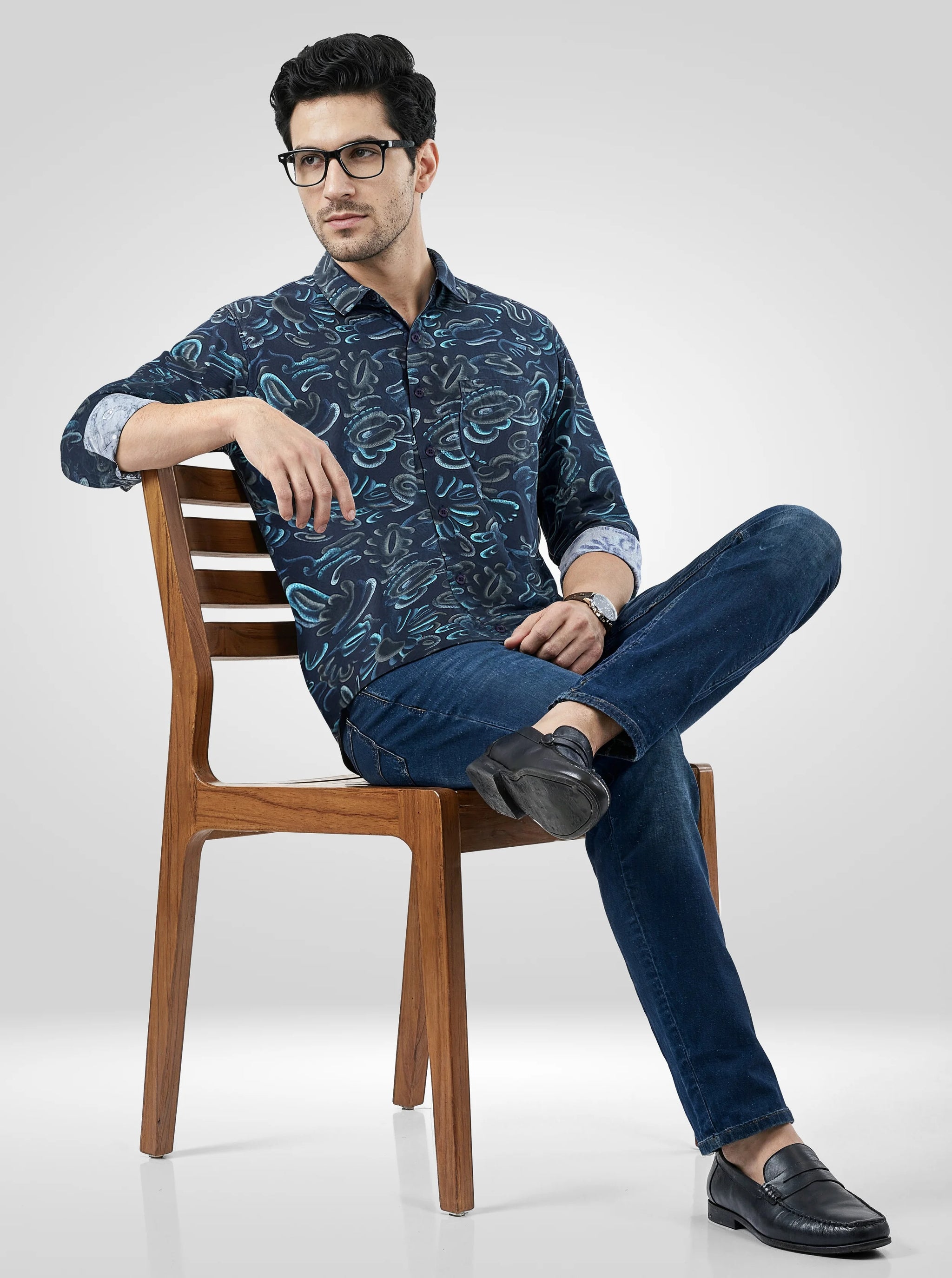 Men Shirt Print Blue Regular Fit