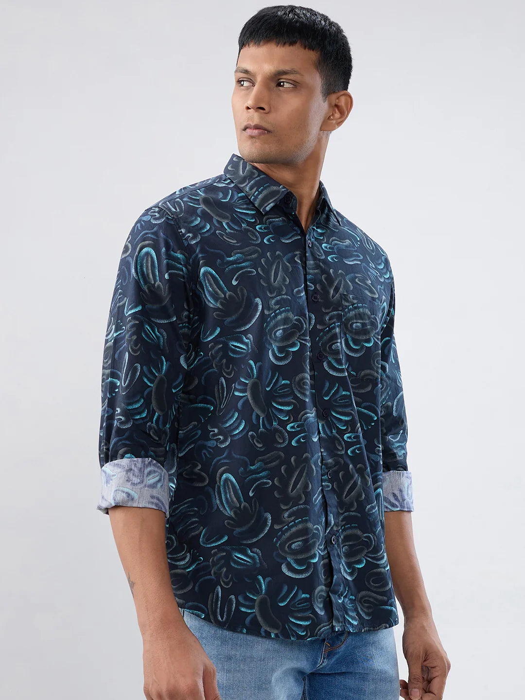 Men Shirt Print Blue Regular Fit