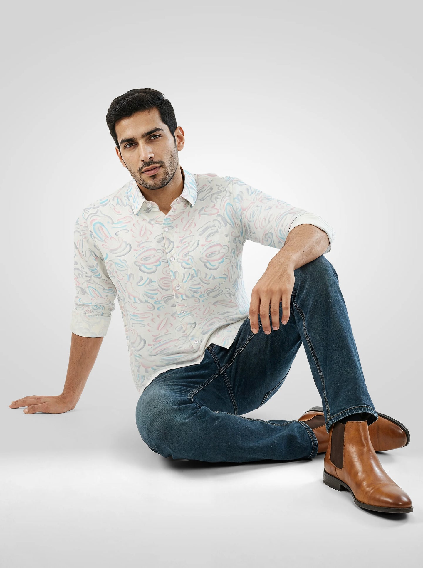 Men Shirt Print Off White Regular Fit