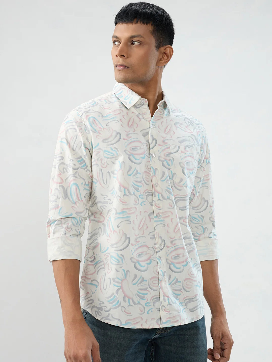 Men Shirt Print Off White Regular Fit