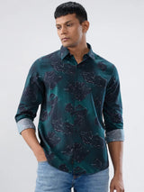 Men Shirt Print Green Regular Fit
