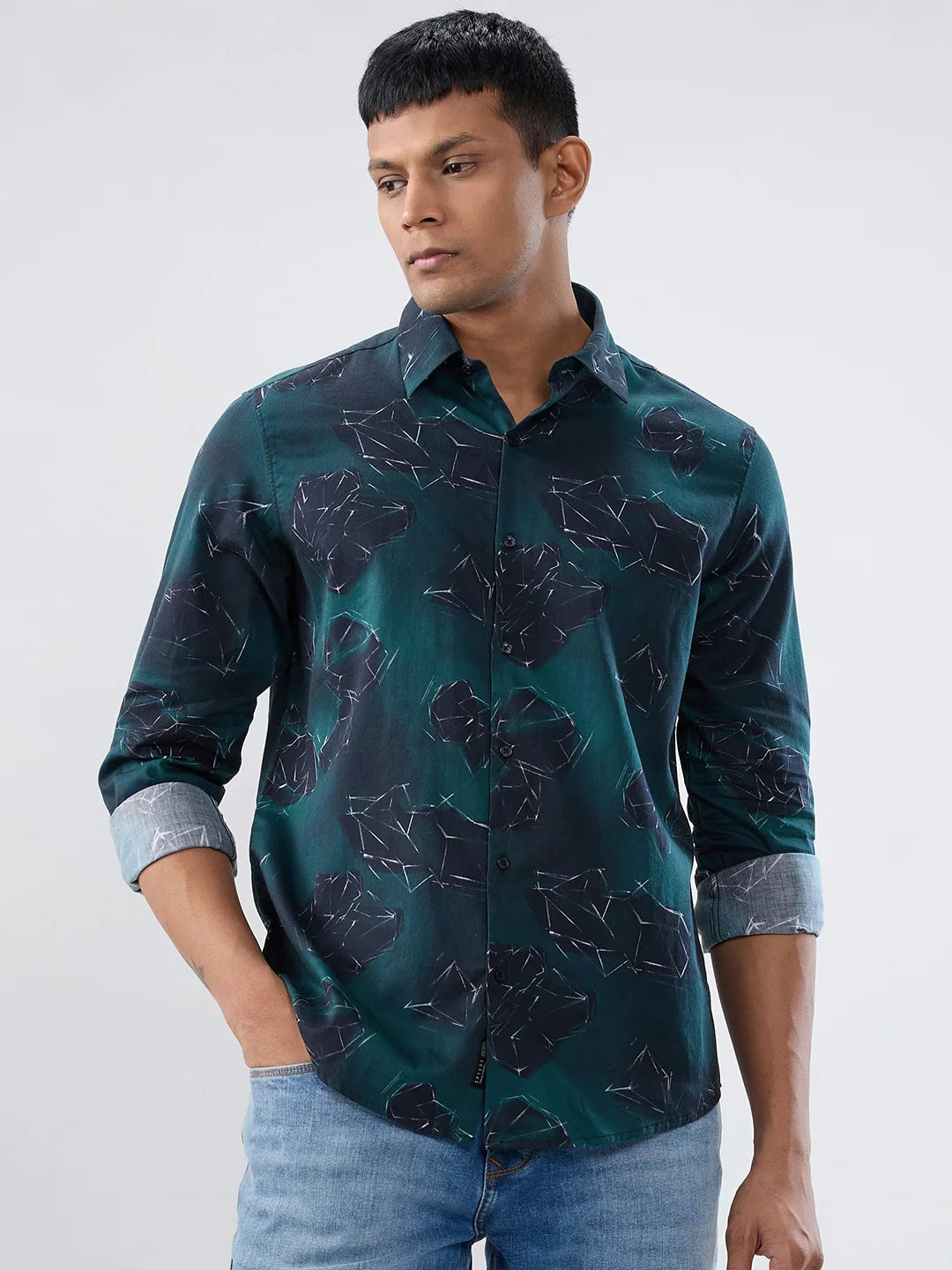 Men Shirt Print Green Regular Fit