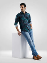 Men Shirt Print Green Regular Fit