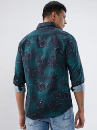 Men Shirt Print Green Regular Fit