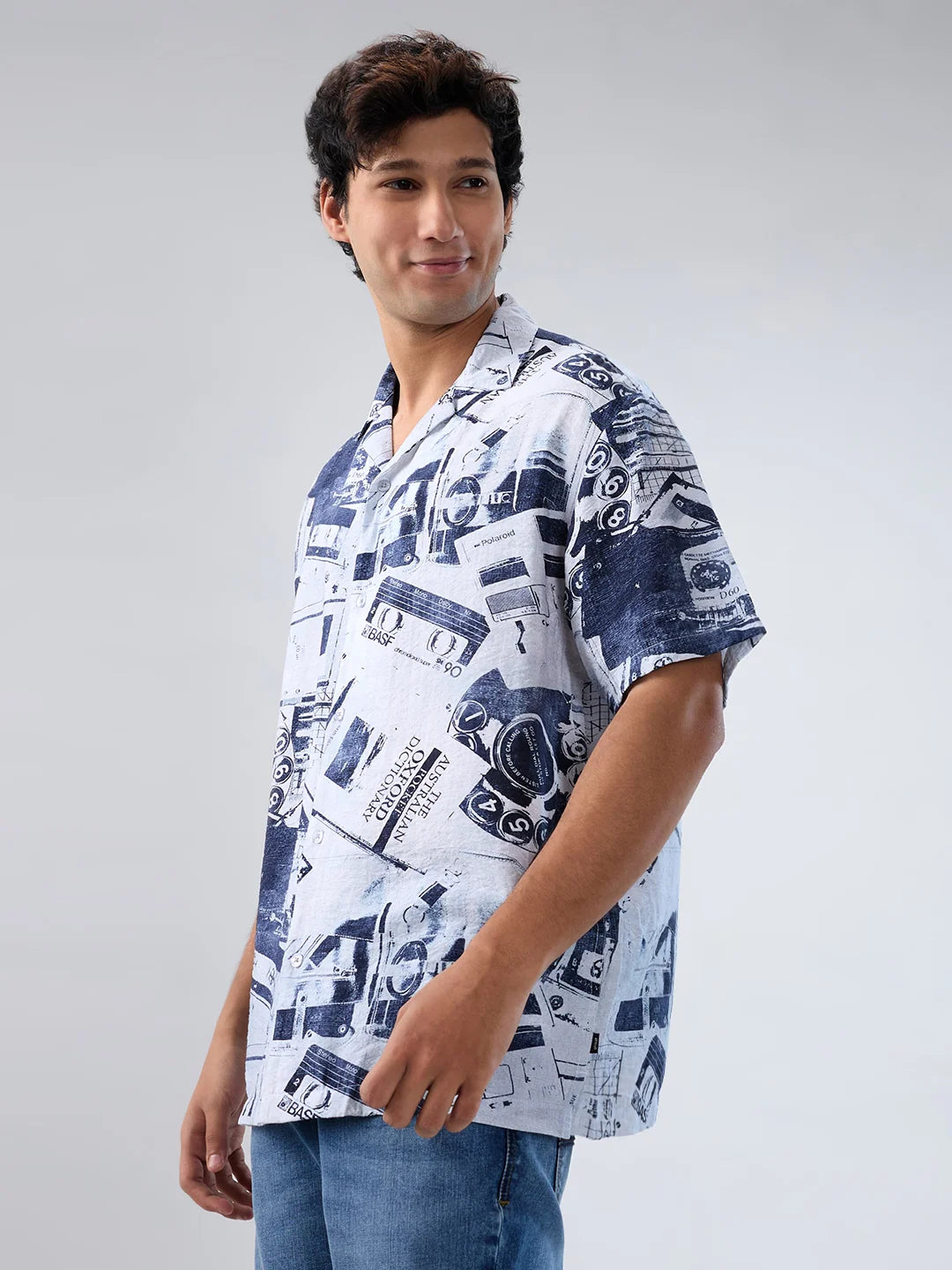 Men Shirt Print White Relaxed Fit