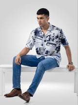 Men Shirt Print White Relaxed Fit