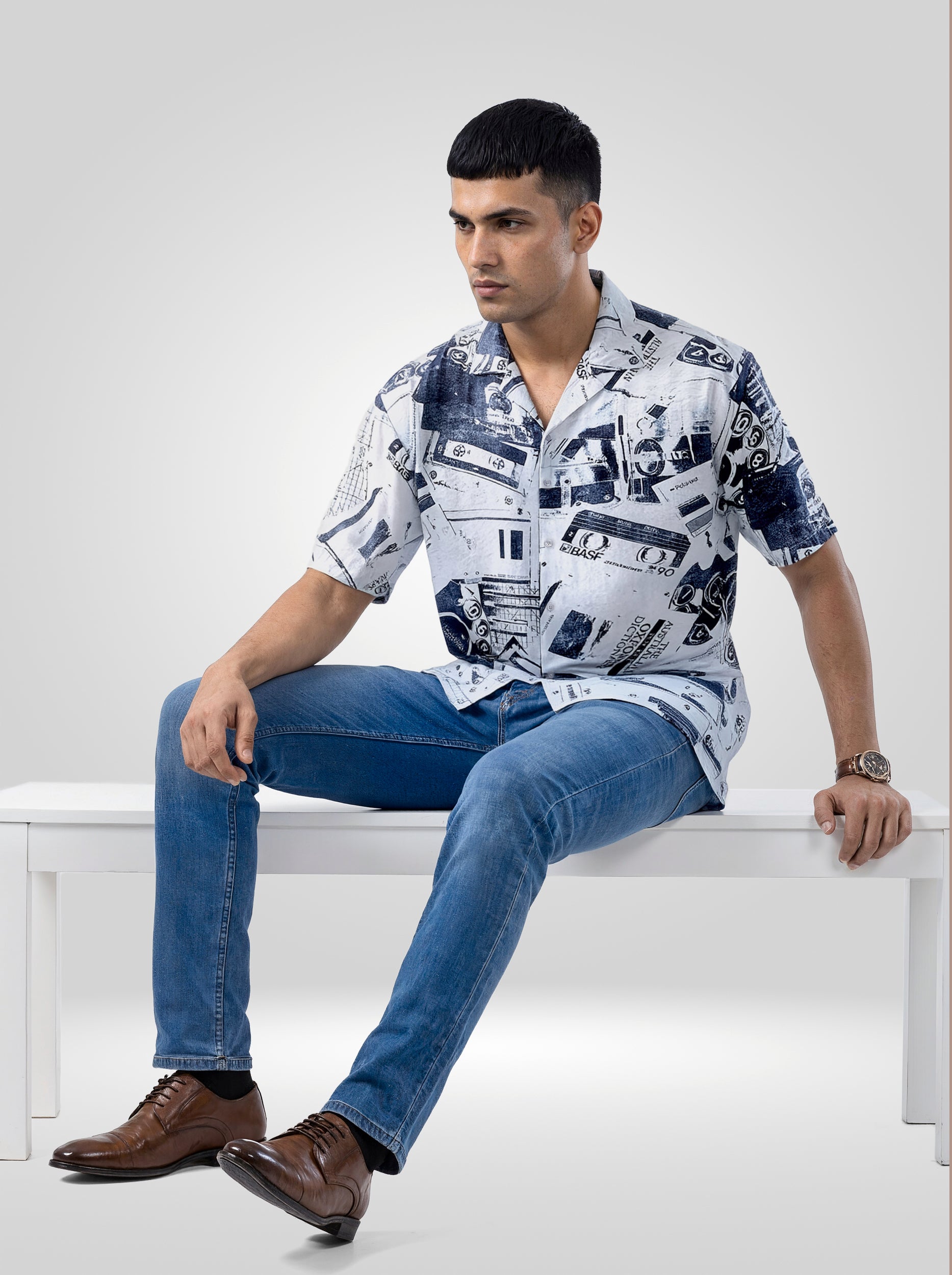 Men Shirt Print White Relaxed Fit