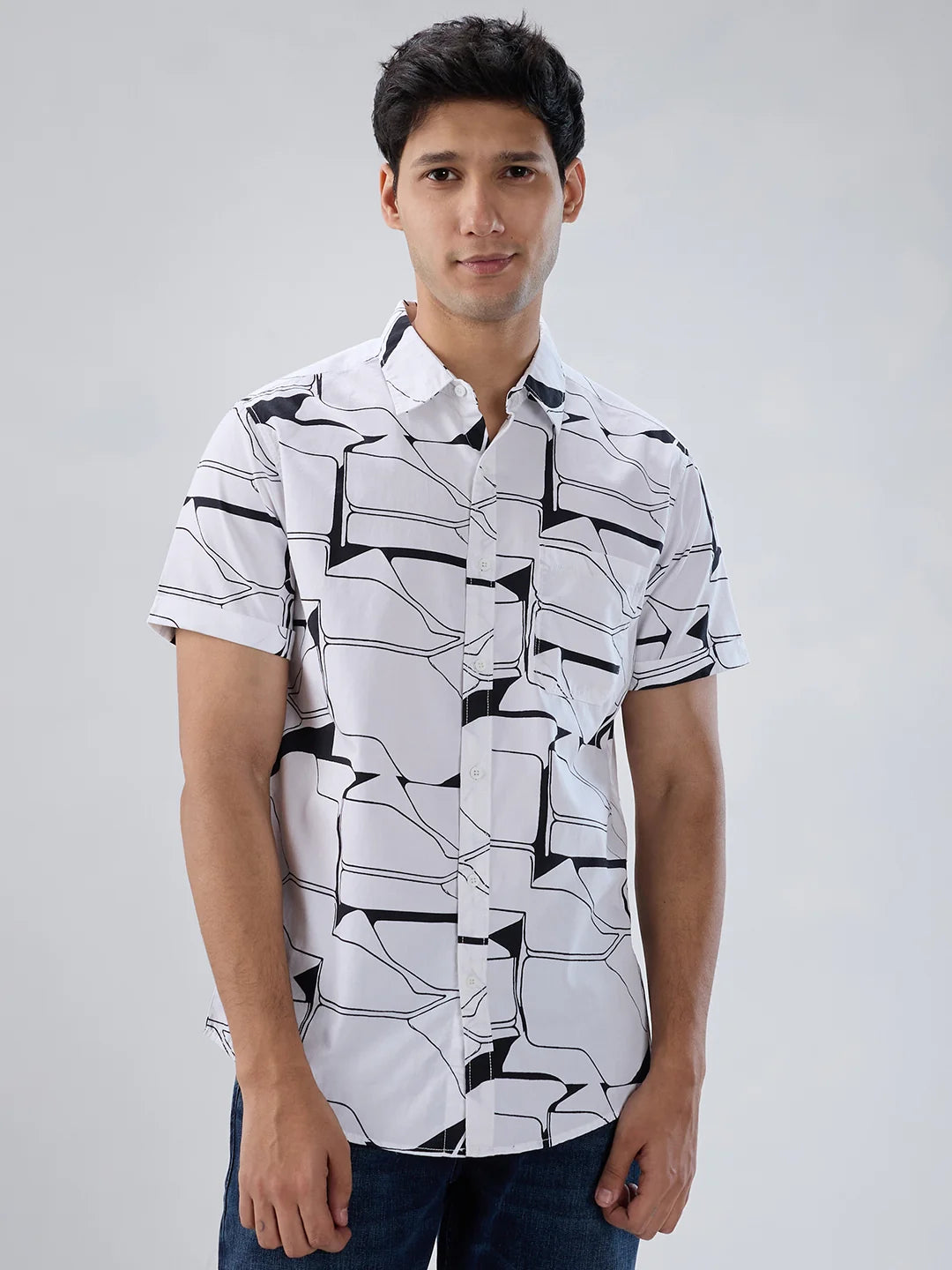 Men Shirt Print White Regular Fit