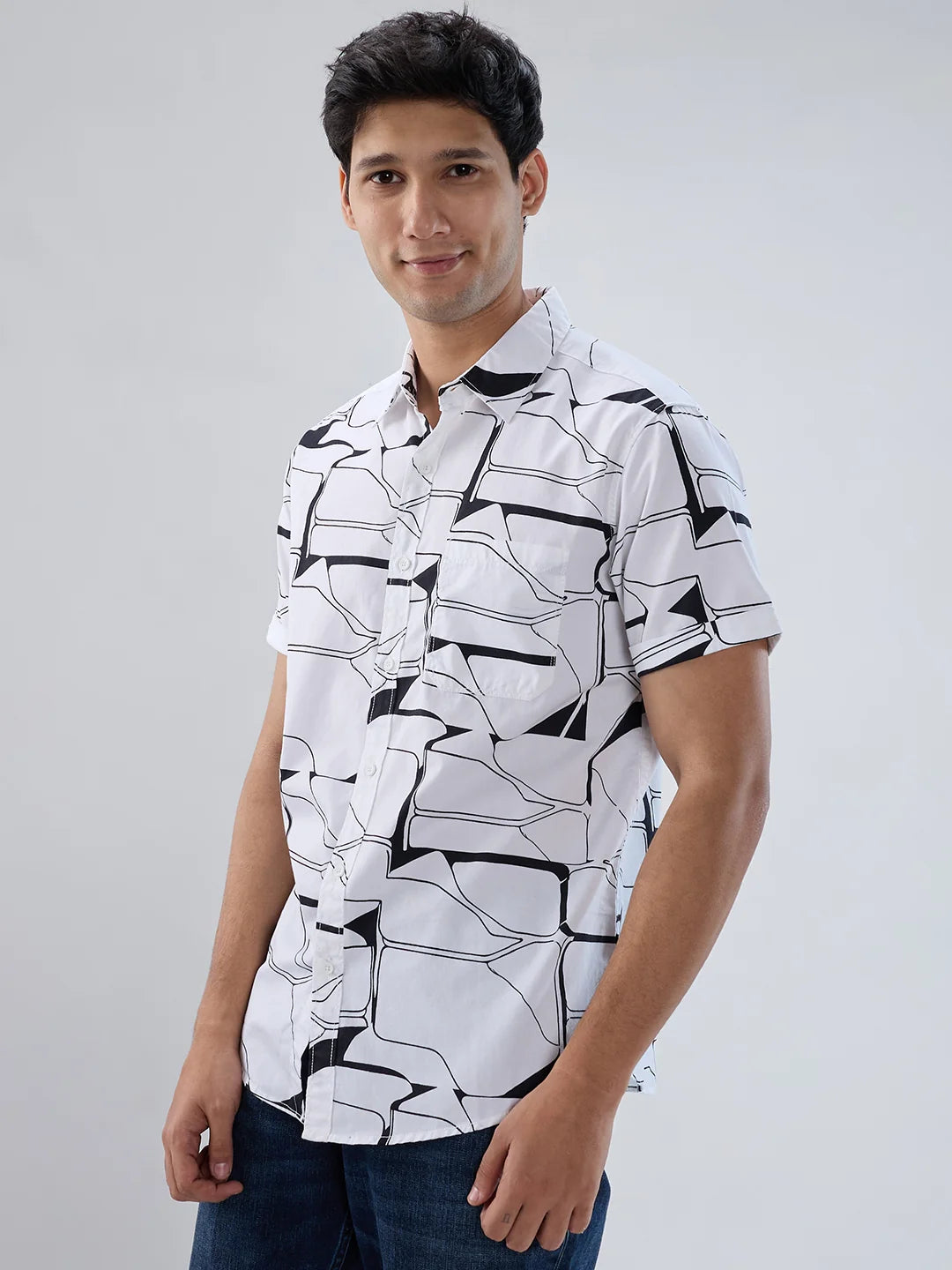 Men Shirt Print White Regular Fit