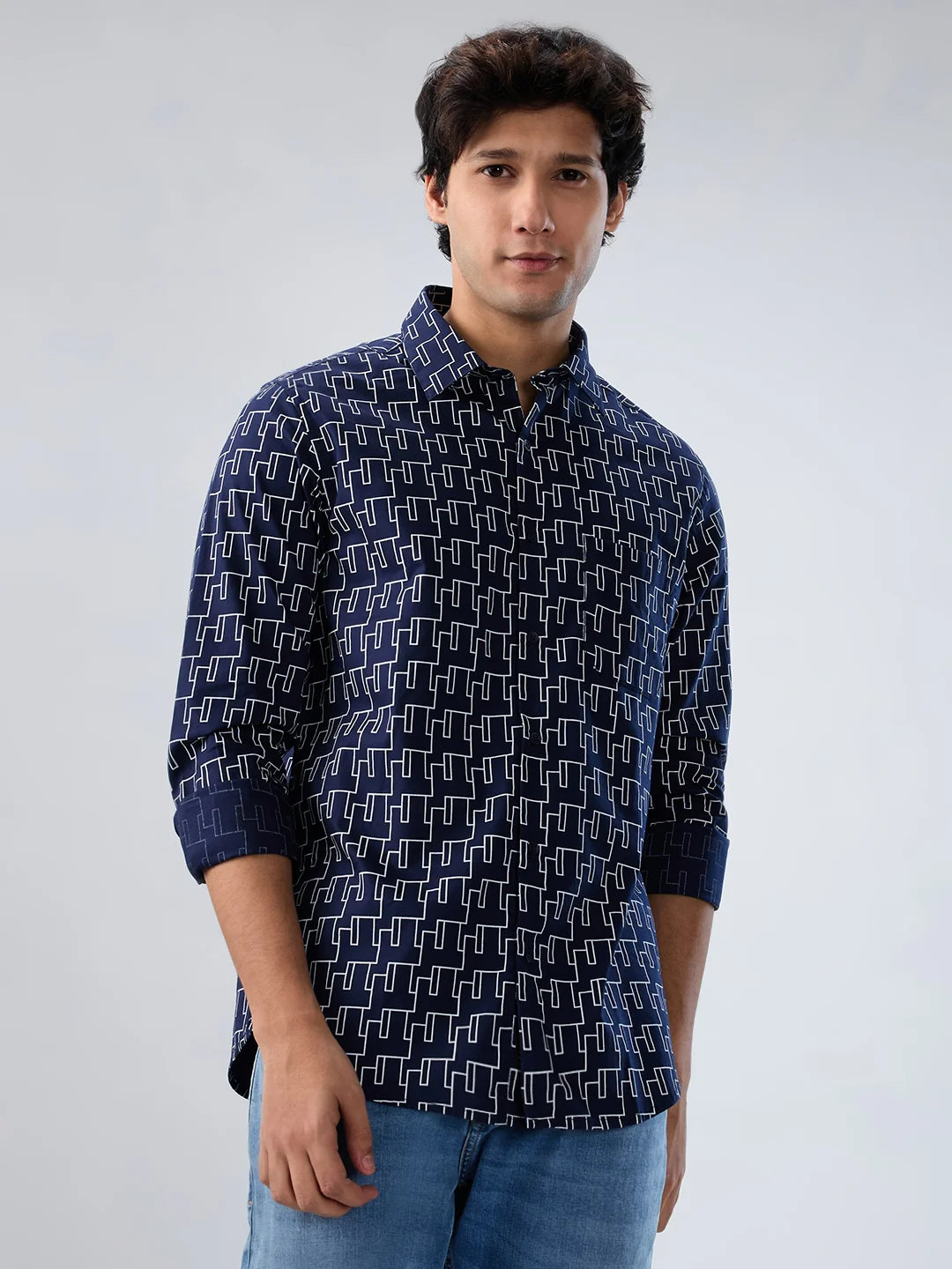 Men Shirt Print Blue Navy Regular Fit