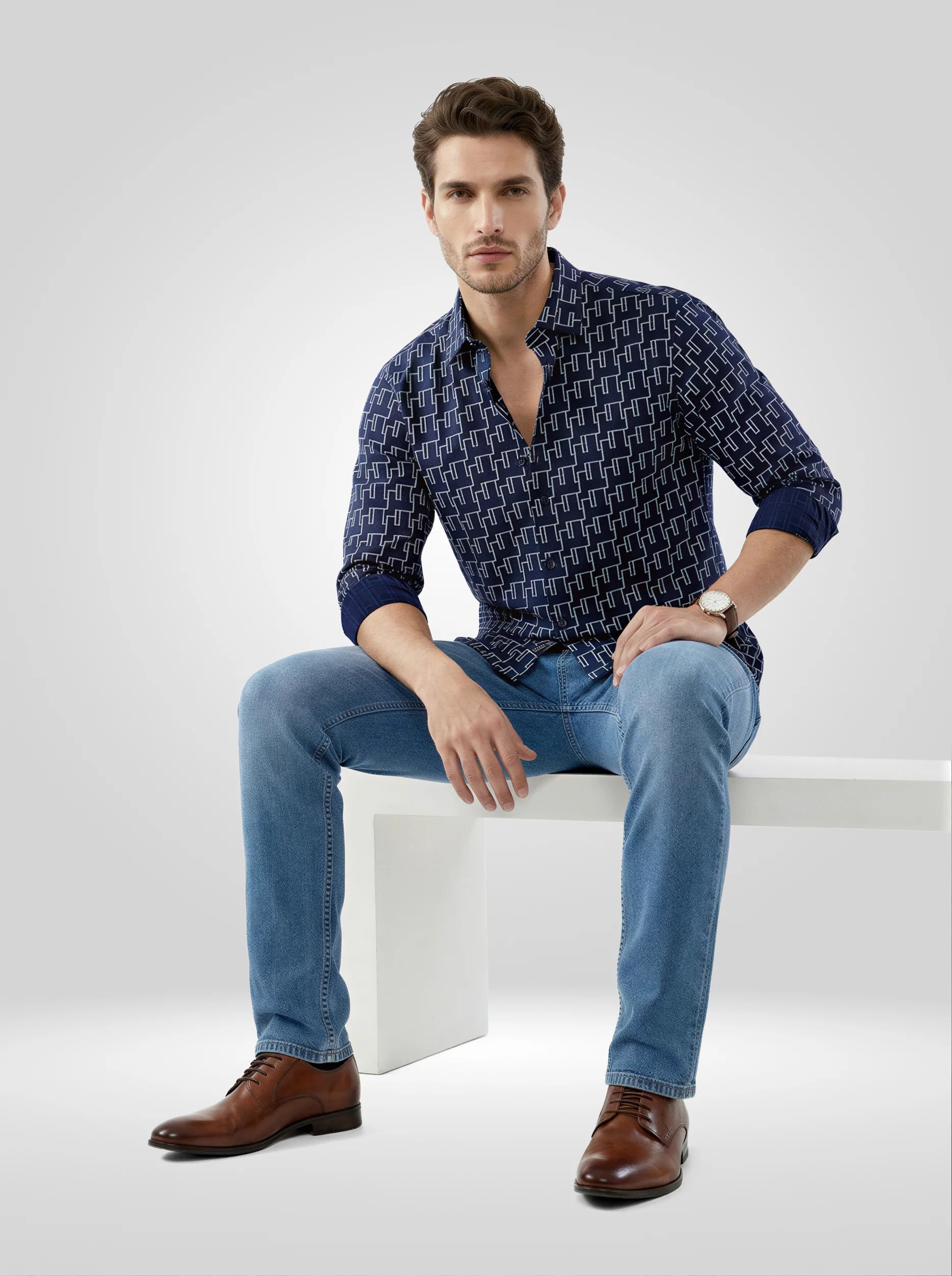 Men Shirt Print Blue Navy Regular Fit