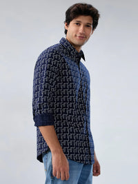 Men Shirt Print Blue Navy Regular Fit