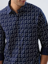 Men Shirt Print Blue Navy Regular Fit