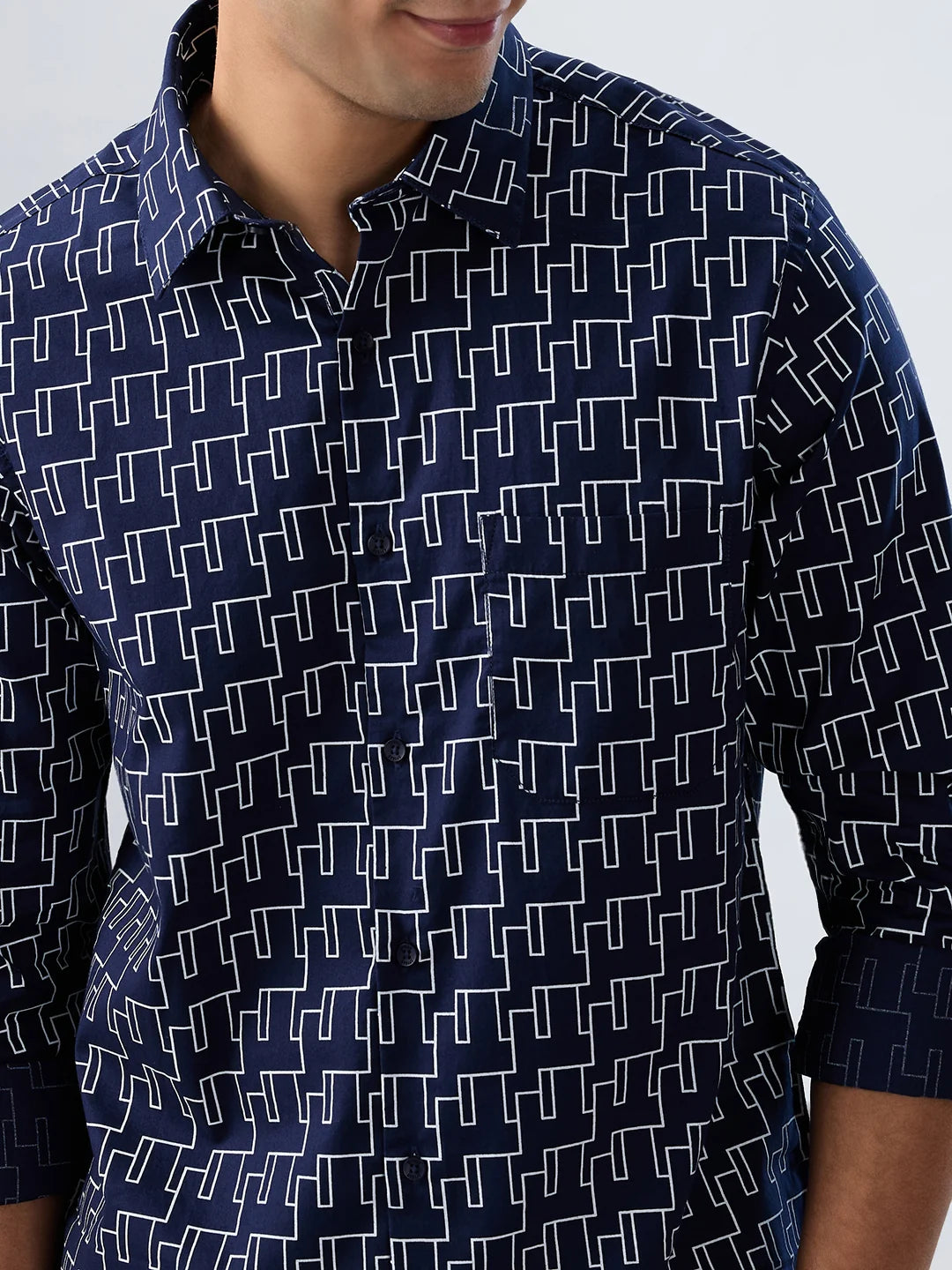 Men Shirt Print Blue Navy Regular Fit