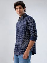 Men Shirt Print Blue Navy Regular Fit