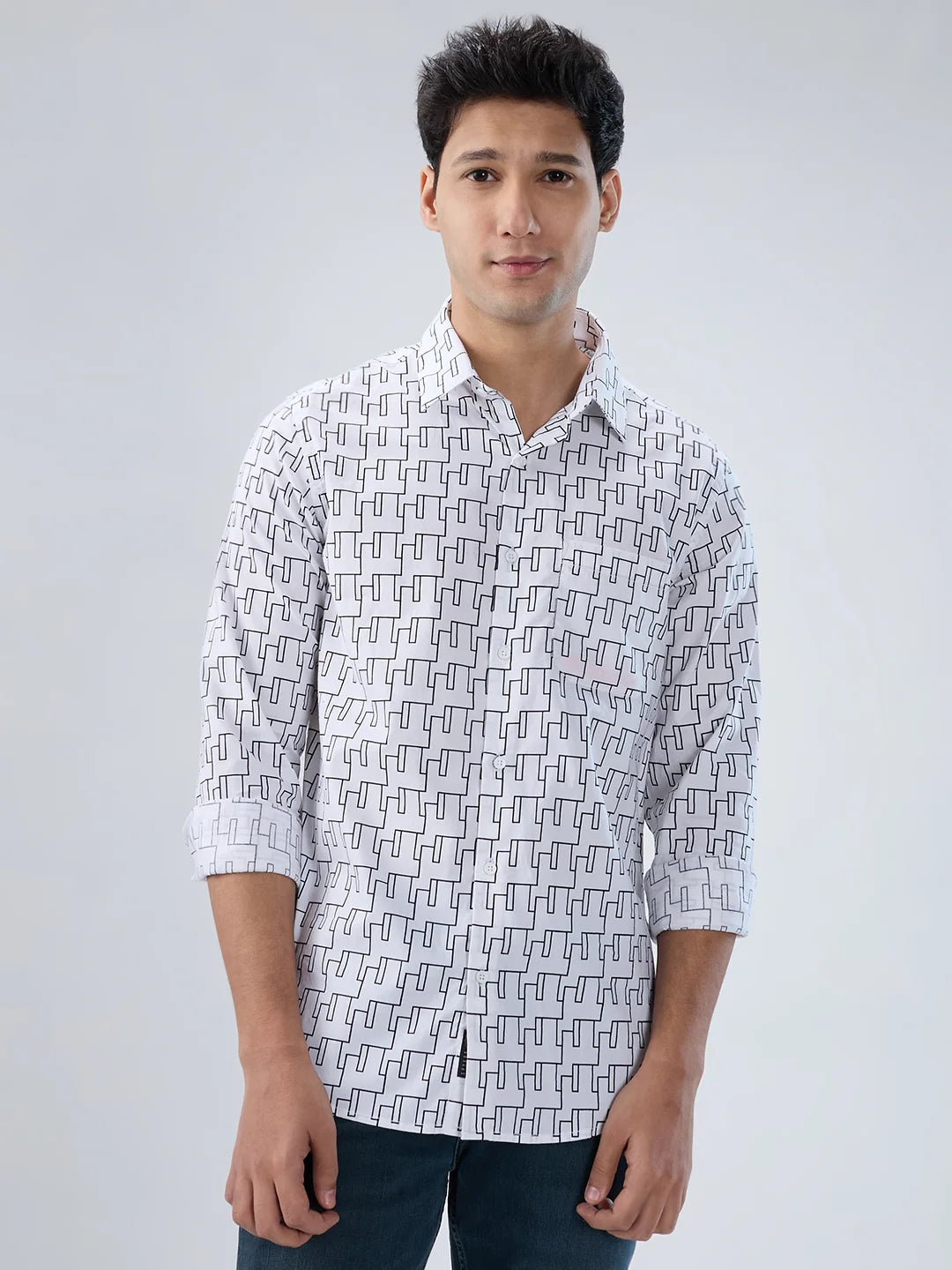 Men Shirt Print White Regular Fit