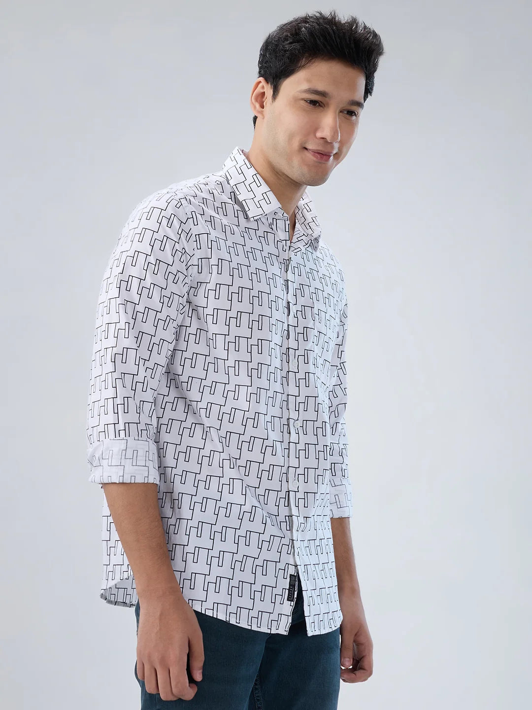 Men Shirt Print White Regular Fit