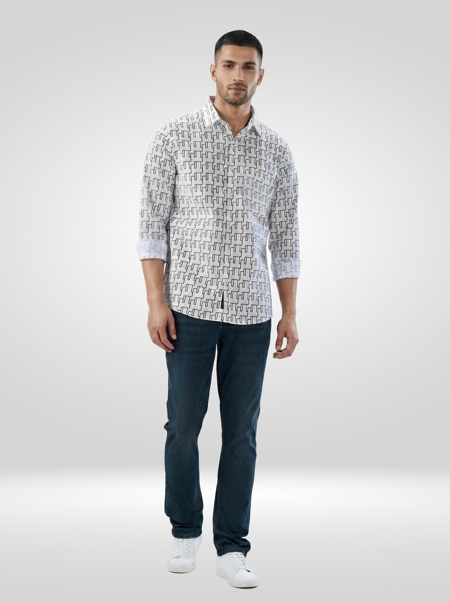 Men Shirt Print White Regular Fit