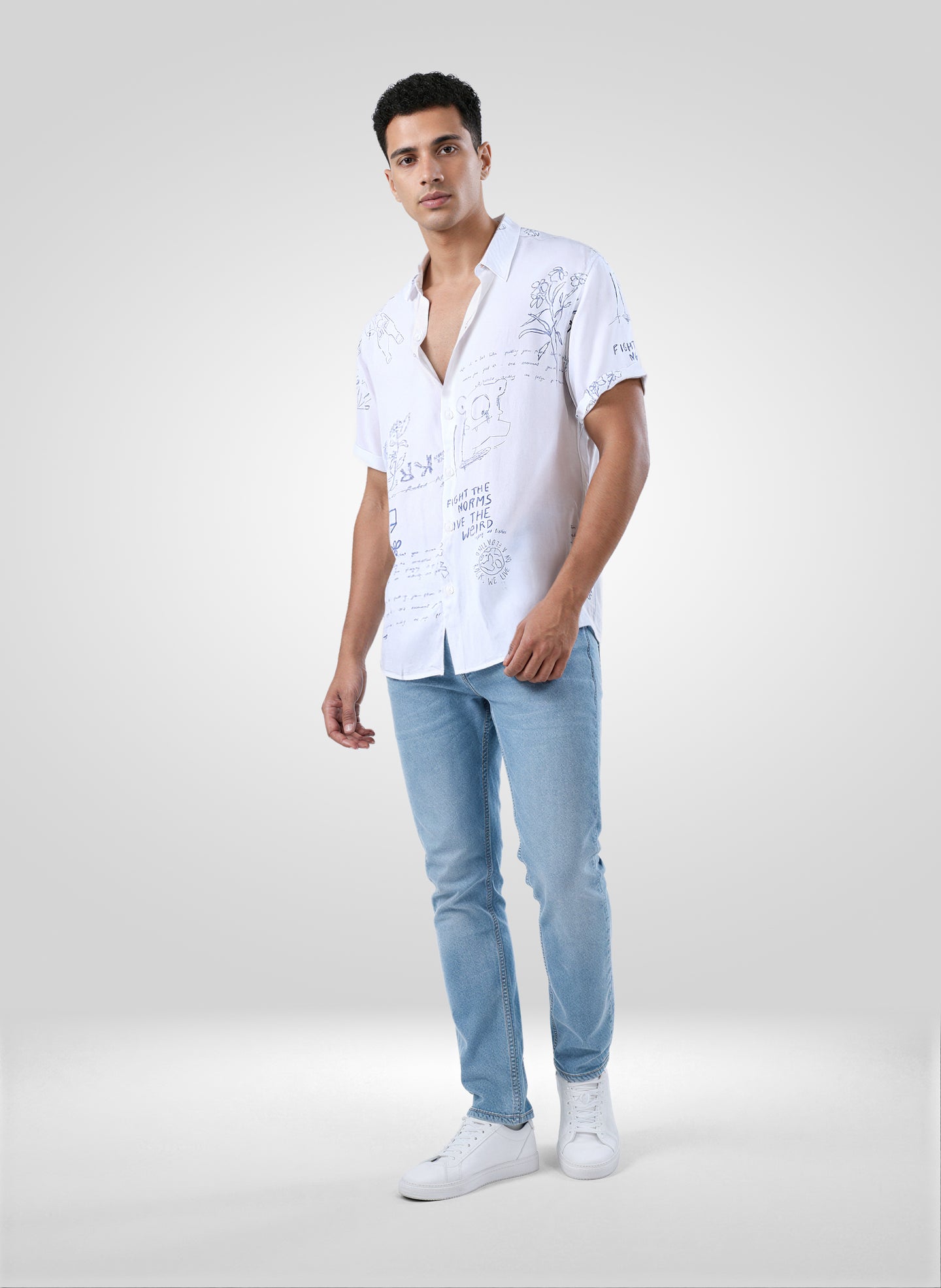 Men Shirt Print White Regular Fit