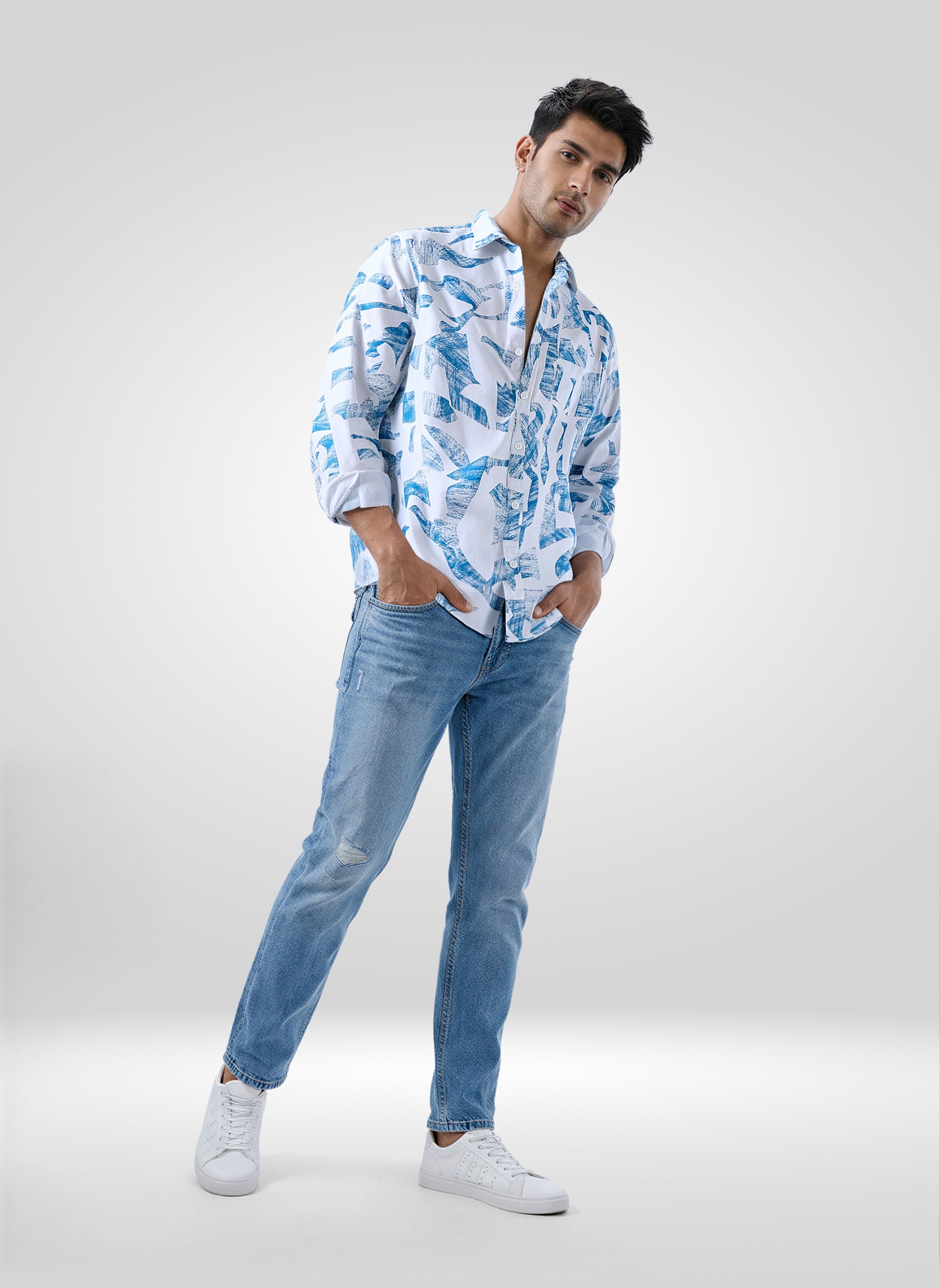 Men Shirt Print White Regular Fit