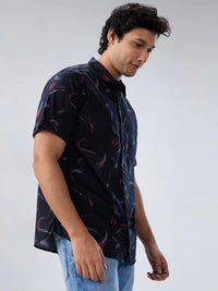 Men Shirt Print Black Regular Fit