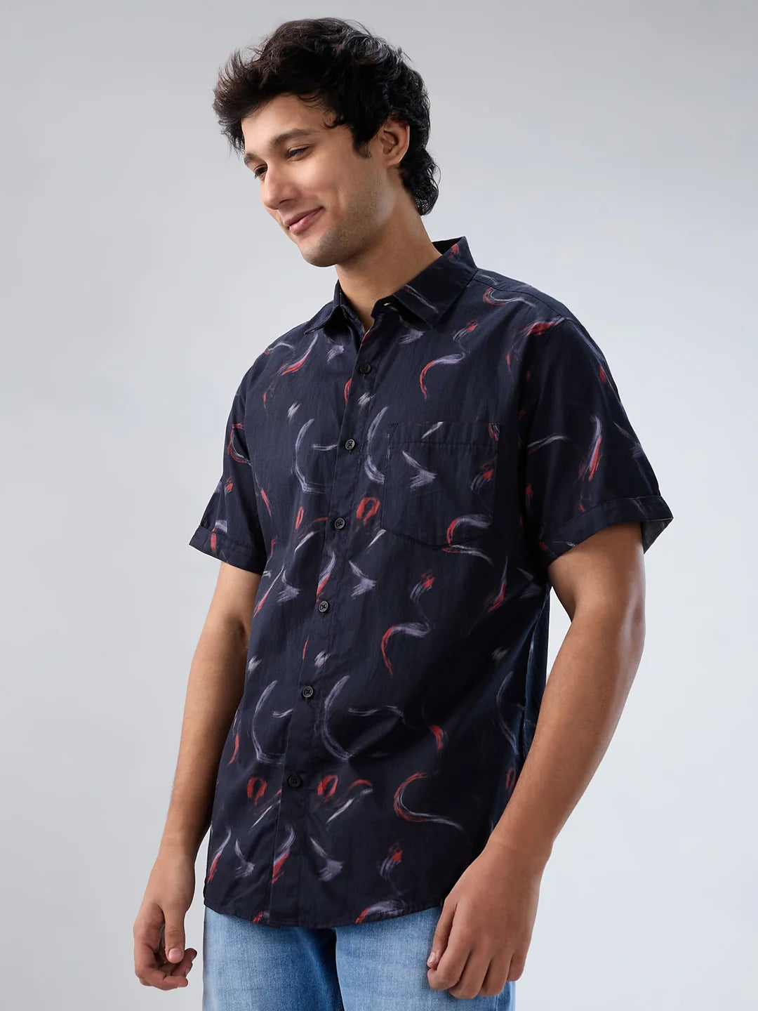 Men Shirt Print Black Regular Fit