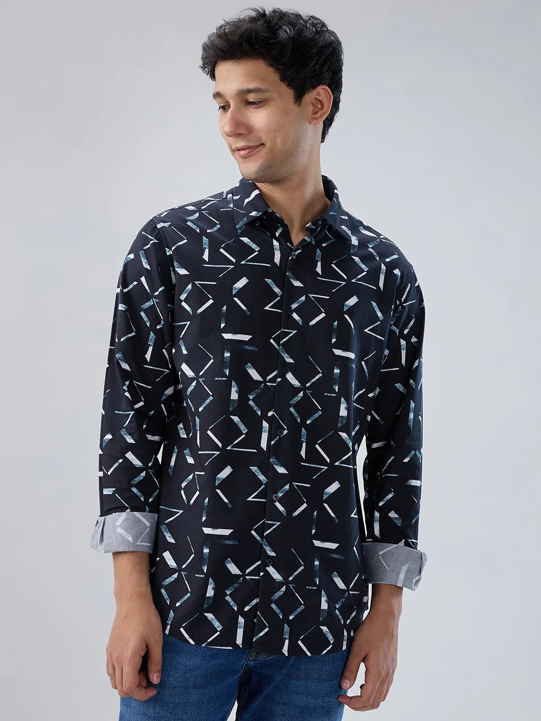 Men Shirt Print Black Regular Fit