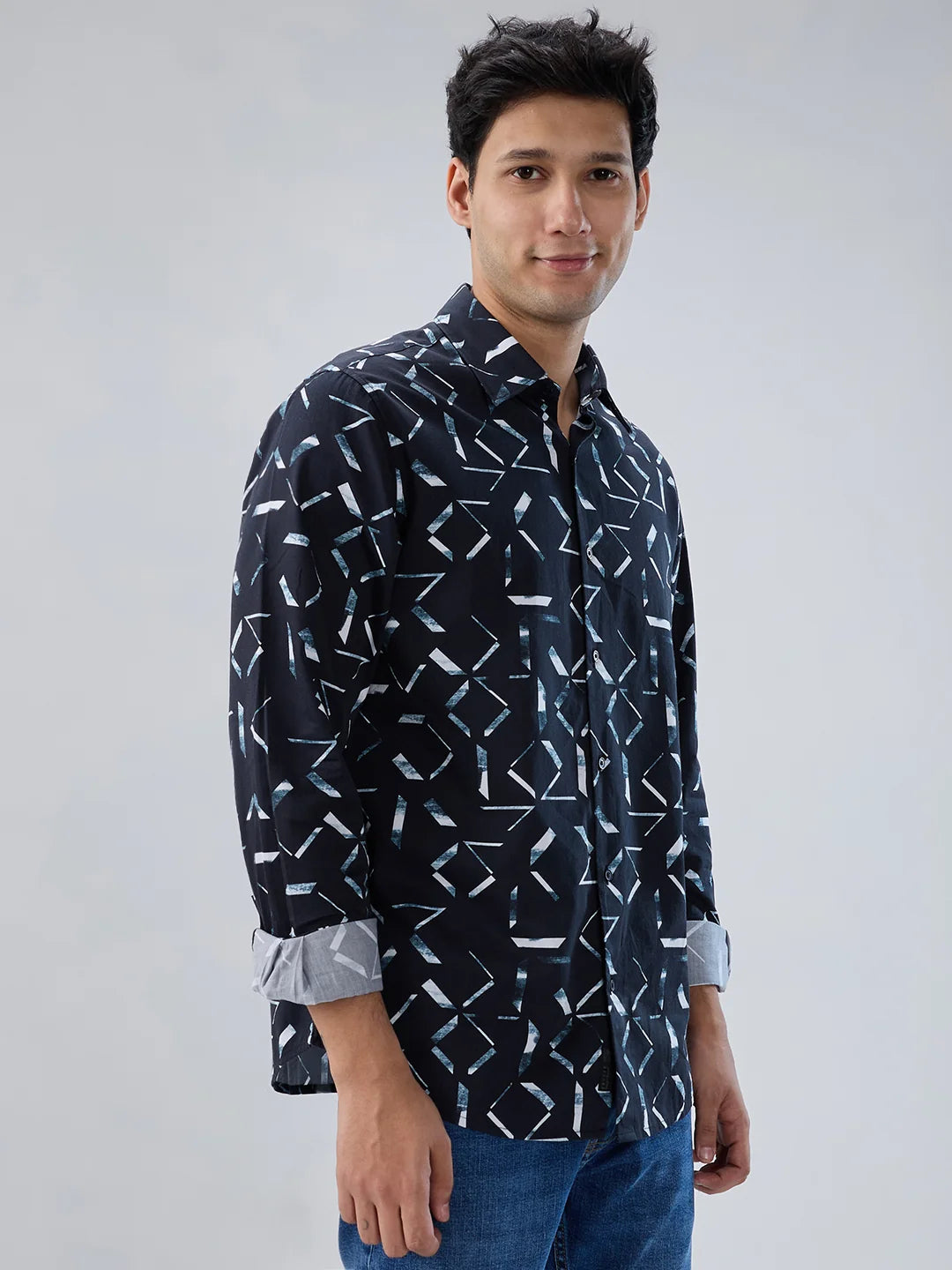 Men Shirt Print Black Regular Fit
