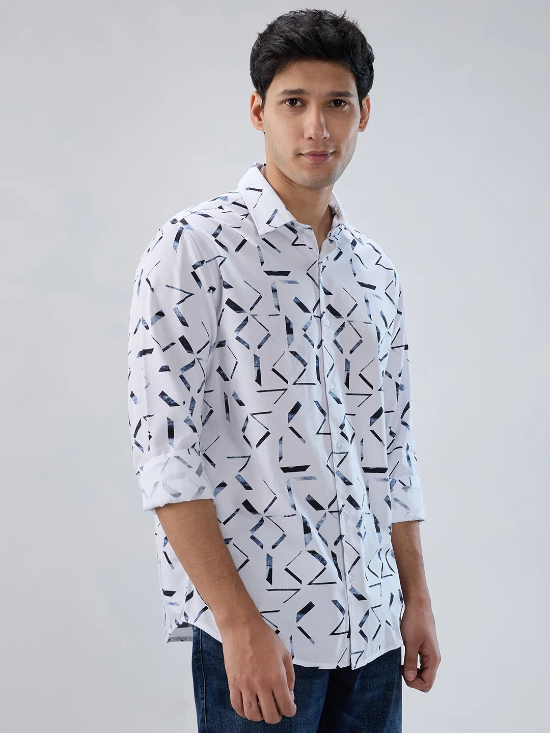 Men Shirt Print White Regular Fit
