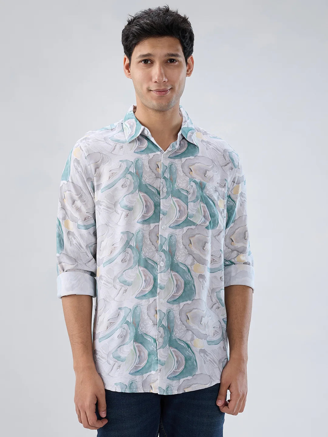 Men Shirt Print Green Regular Fit