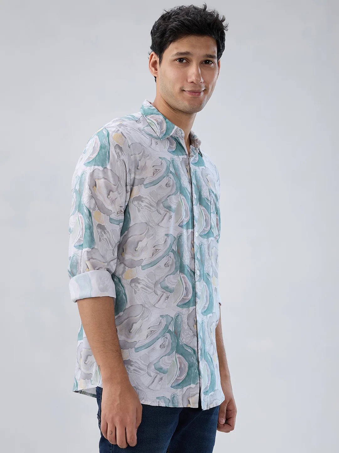 Men Shirt Print Green Regular Fit