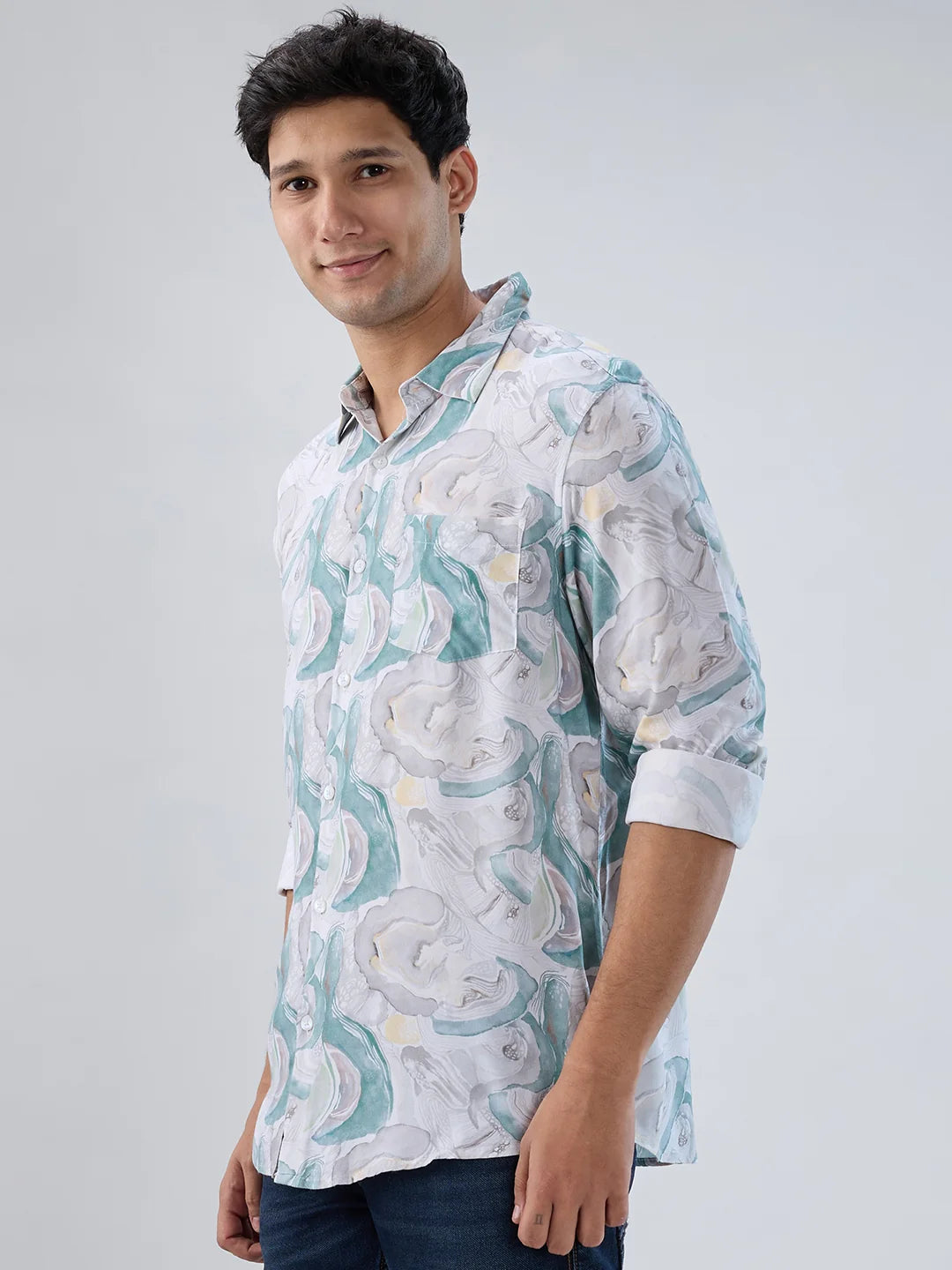 Men Shirt Print Green Regular Fit